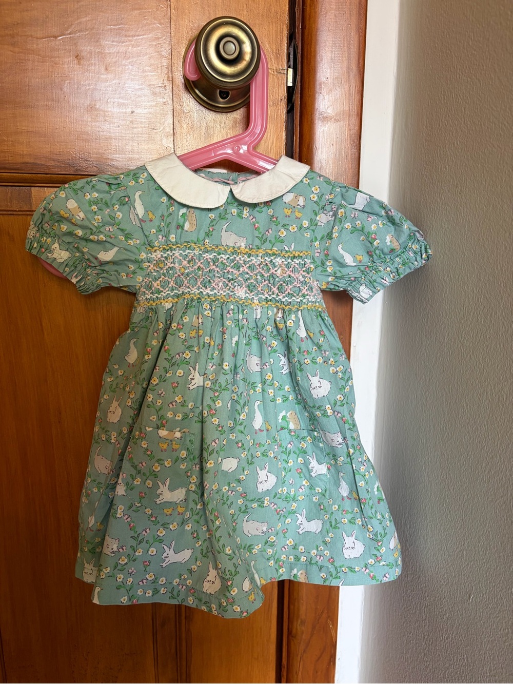Baby Boden Mint Green Bunny Smocked Dress with White Peter Pan Collar